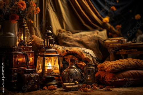 Cozy glamping setup with warm lanterns and plush bedding in a forest.