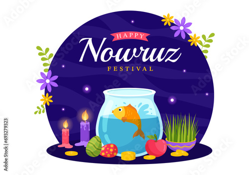 Happy Nowruz Day Vector Illustration. Translation: Persian New Year, on 20 March with Glass, Fish, Ornaments Eggs and Grass Semeni in Flat Background