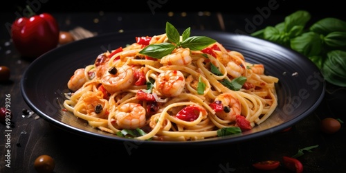 Creamy seafood spaghetti with spicy shrimp  Mediterranean style.