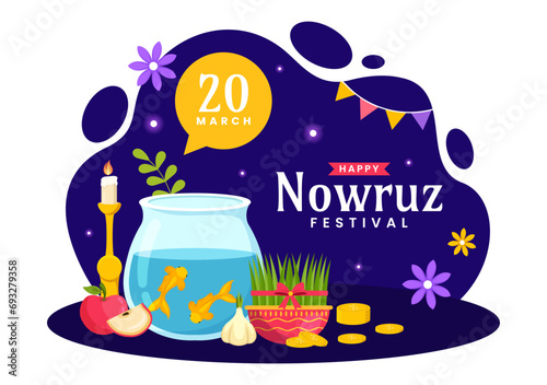 Happy Nowruz Day Vector Illustration. Translation: Persian New Year, on 20 March with Glass, Fish, Ornaments Eggs and Grass Semeni in Flat Background