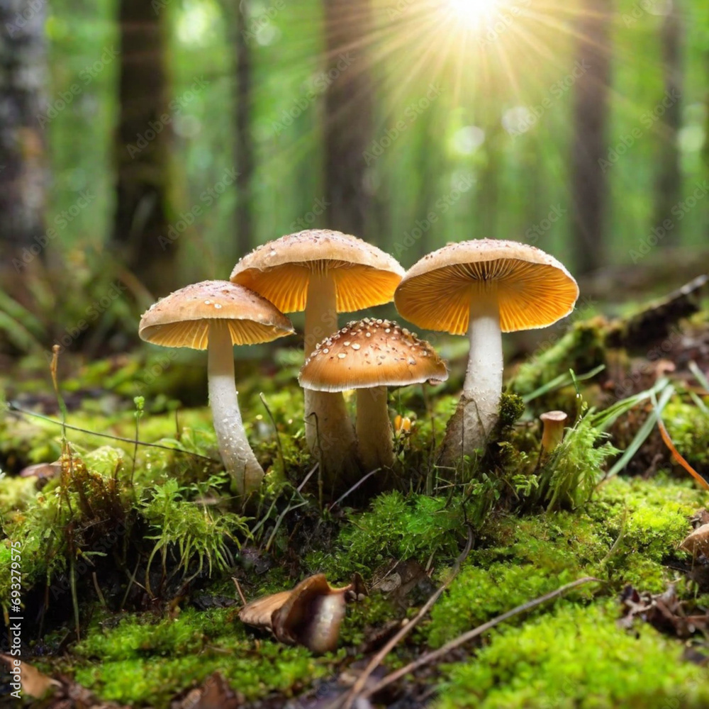 mushrooms growing in the forest on mossy ground with sunlight mushrooms growing in the forest on mossy ground with sunlight