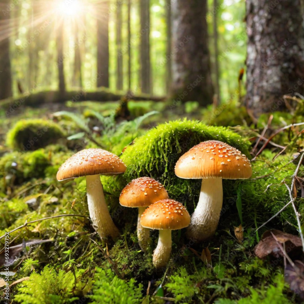 mushrooms growing in the forest on mossy ground with sunlight mushrooms growing in the forest on mossy ground with sunlight