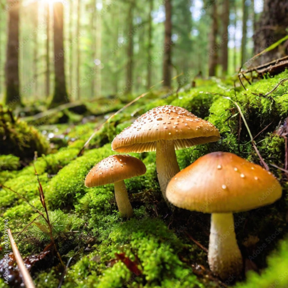 mushrooms growing in the forest on mossy ground with sunlight mushrooms growing in the forest on mossy ground with sunlight