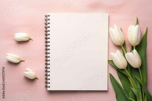 Top view of blank pages notebook or diary with tulips flower beside