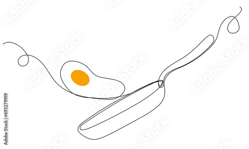 Frying pan with scrambled egg in continuous one line art style. Simple vector illustration
