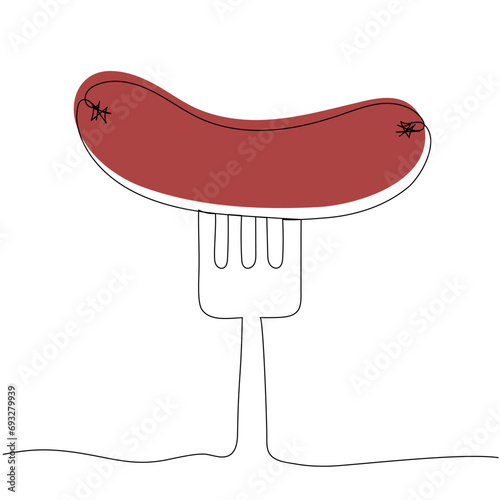 Sausage on a fork in continuous one line art style. Simple vector illustration