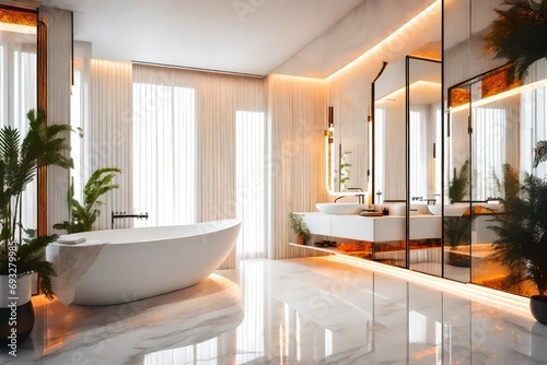 Modern luxury white bathroom with garden view  There are marble floor and wall and glass clear partition  Decorated with orange lights hidden behind the mirror