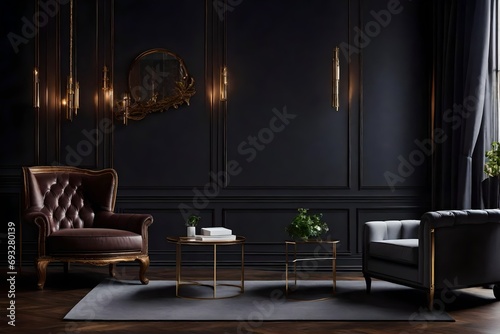 Modern interior design for home, office, interior details, upholstered furniture against the background of a dark classic wall © shafiq