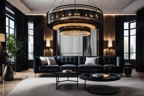 Chic black chandelier above couch in contemporary living room