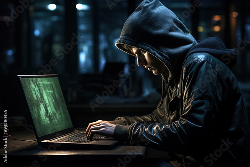 A focused individual in a hoodie works on a computer in a dark room, evoking themes of cybersecurity.