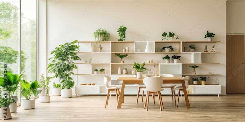 Modern dining room with stylish renovation featuring bright wooden floor, white furniture, shelves, crockery, and potted houseplants.