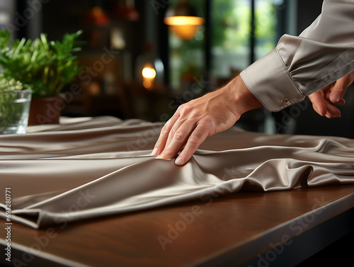 Precision in Craft: Hand Folding Fabric on Table - Close-Up Shot, High Quality, Photo Realistic