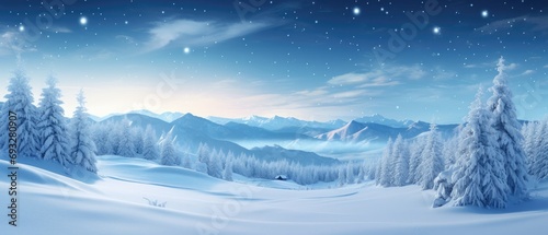 Tranquil mountain scenery with snow-covered trees and peaceful dawn. Winter wonderland landscape.