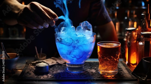adding to a brown cocktail and pour on a flamed badian on tweezers a powdered sugar on the bar counter in the blue light