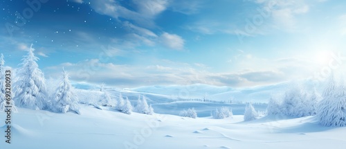 Winter panorama with snow-covered trees and clear blue sky. Serene landscape. © Postproduction