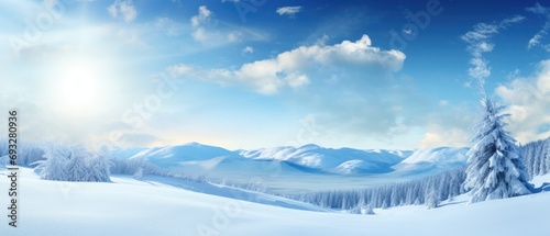 Winter panorama with snow-covered trees and mountain range. Serene nature scene.