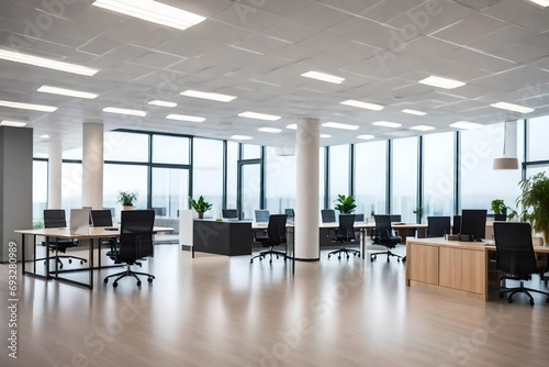 The interior decoration of a modern and stylish office space, white chairs and tables, with good lighting