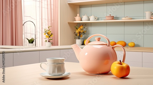 Serene Kitchen Setting with Pink Teapot and Fresh Apple