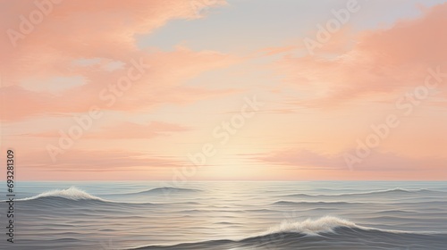 Serene Seascape: Gentle Waves under a Colorful Sunset Sky