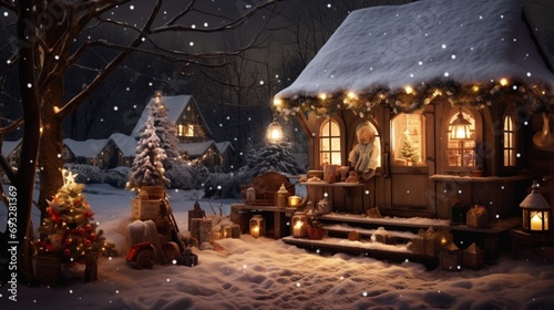Winter Wonderland: A Cozy House in a Snowy Night Landscape © DayByDayCanvas