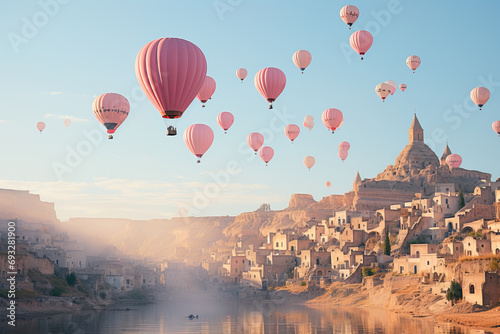 Hot air balloons drift over a historical village shrouded in mist, evoking a fairytale ambiance.
