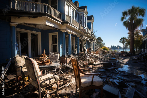 A damaged home with furniture strewn amid debris, aftermath of a calamity, under clear skies. photo