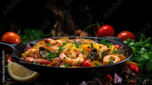 Cooking seafood, frying in a pan with vegetables, veggie healthy food, on a black background