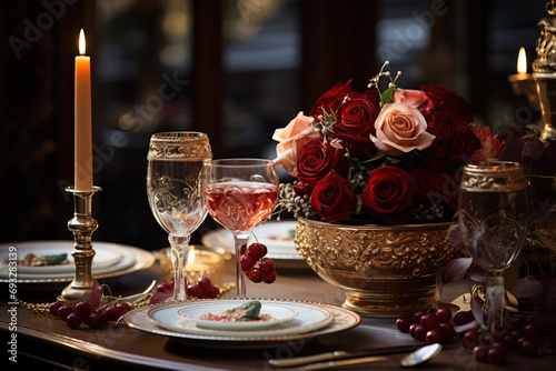 An intimate dinner table setting features red roses in a gold bowl, candlelight, fine china, and crystal wine glasses.
