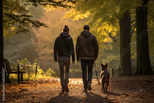 Two friends and a German Shepherd walking on a forest path during autumn golden hour, creating a peaceful scene. © 22Imagesstudio