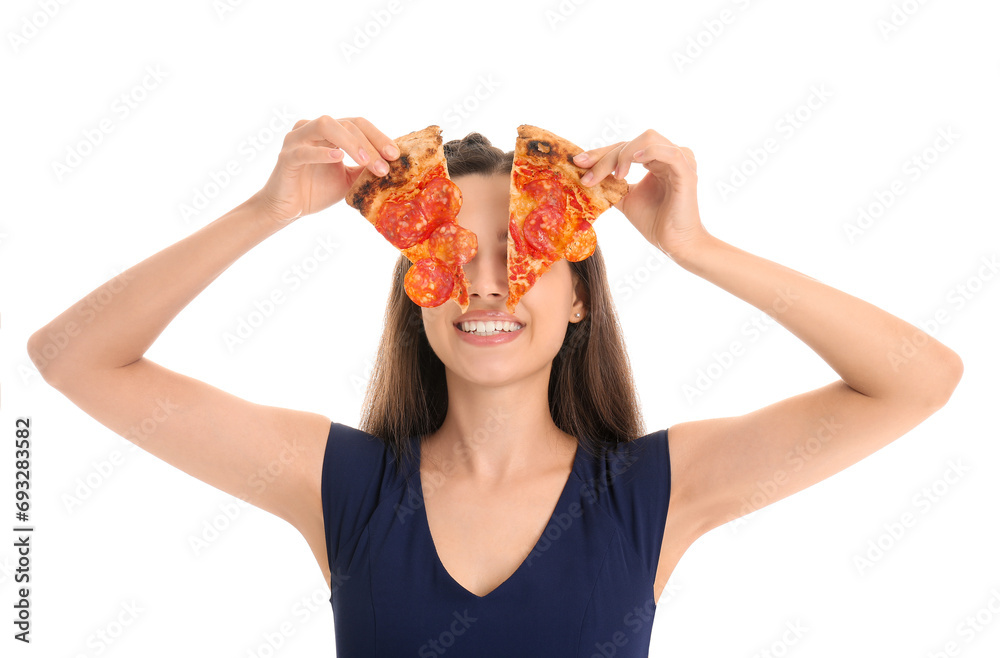 Beautiful young woman with slices of tasty pizza isolated on white background Beautiful young woman with slices of tasty pizza isolated on white background
