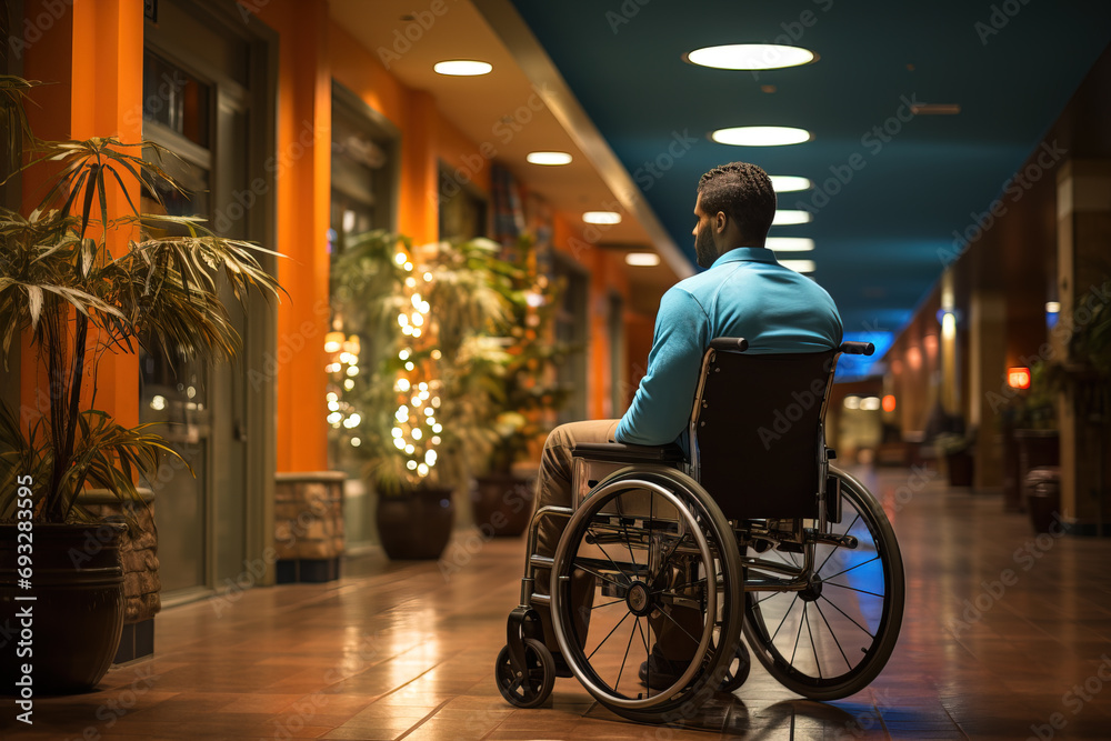 Obraz premium Rear view of a contemplative man in a wheelchair alone in a shopping mall corridor at night, illuminated by indoor lighting.