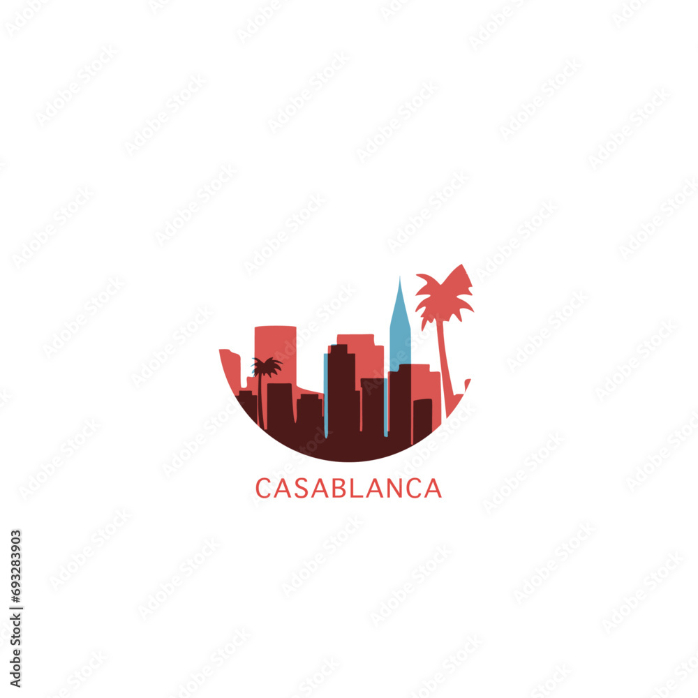 Casablanca cityscape skyline city panorama vector flat modern logo icon. Morocco town emblem idea with landmarks and building silhouettes