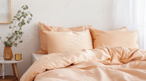 Pastel peach colored pillowcases on a bed photo