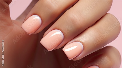 Pastel peach colored nail polish on manicured nails