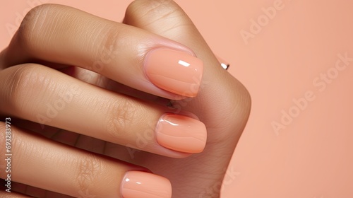 Pastel peach colored nail polish on manicured nails