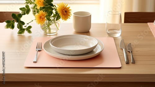 Pastel peach colored placemats on a dining table