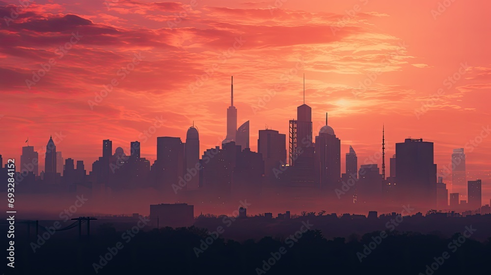 Pastel peach colored sunset over the city skyline