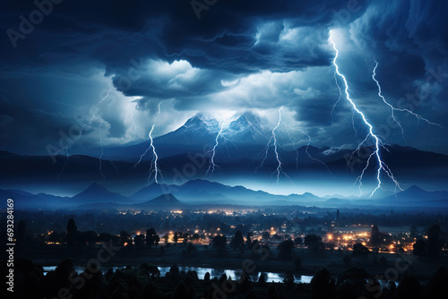 A dramatic night-time landscape of a town with a thunderstorm and lightning bolts striking over mountains.