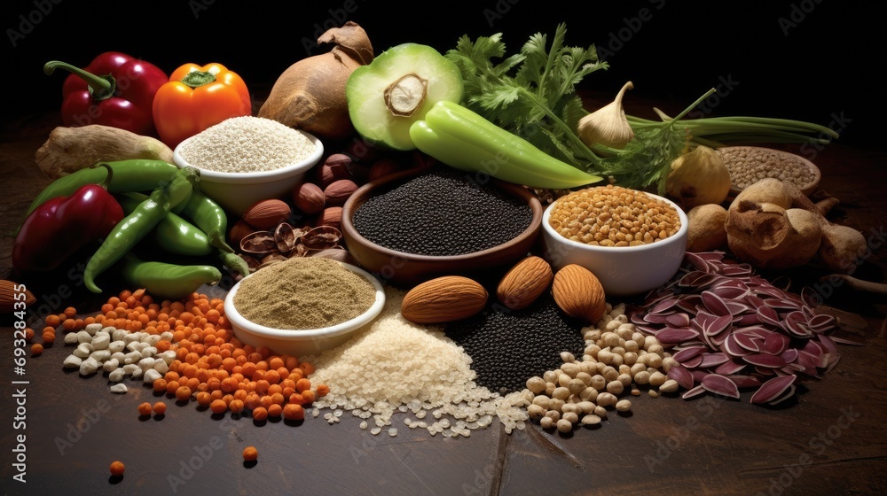 Protein, veggies, grains, spices