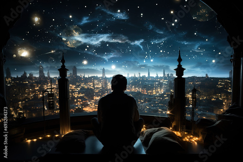 Silhouetted person seated by a bedroom window, gazing at a surreal cosmic night sky over a cityscape with glowing minarets. photo