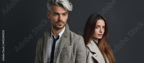 fashionable couple in cool clothes on gray background.