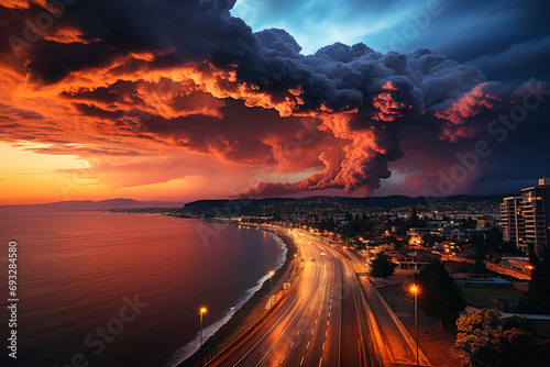 Dusk settles over a coastal city with a dramatic fiery sky from wildfires, reflecting an orange glow on a busy road by the sea.