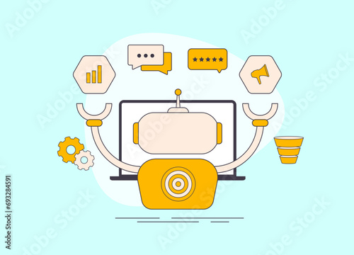 AI-Driven Marketing Strategy. AI social media content creation with digital marketing automation. AI marketing vector illustration isolated on white background with icons