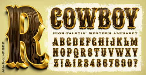 An ornate cowboy alphabet with wood and metal 3d effects, great for posters, branding, rodeos, country music, etc. photo