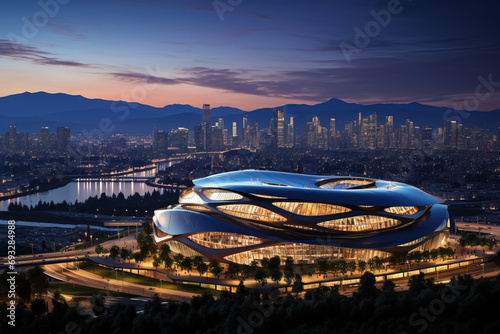 Twilight view of a futuristic landmark building with flowing curves in a downtown cityscape, illuminated against the evening sky.