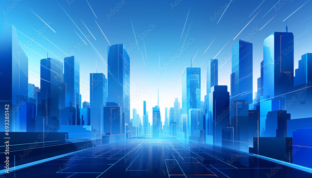 Future technology city architectural scene illustration, blue city skyline concept illustration - obrazy, fototapety, plakaty 