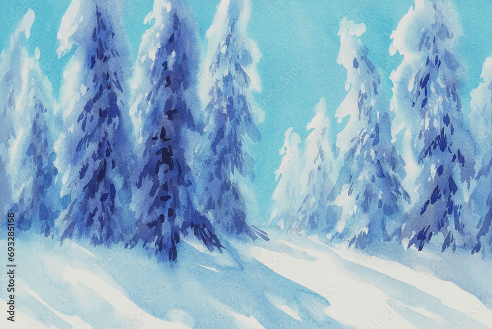 Fir tree forest in snow watercolor background - obrazy, fototapety, plakaty 