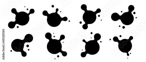 Abstract connected sphere collection. Black liquid metaball set. Amoeba blotches, drops or blobs pack. Morphing design elements for label, sticker, banner, collage, poster. Vector bundle