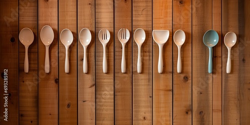 Ceramic utensils stored on wooden wall