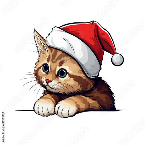 Niedliches Kätzchen mit Weihnachtsmütze / Katzen Bild / Weihnachts Katze / Weihnachtliche Katzen Illustration / Katzen Bild mit transparentem Hintergrund / Comic Katzen Grafik / Ki-Ai generiert photo